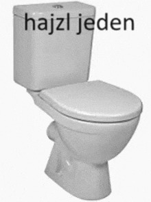 a white toilet with the words hajzl jeden written on it .