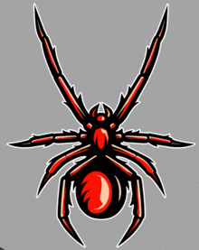 a red and black spider with sharp claws on a grey background