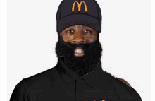 a man with a beard is wearing a mcdonalds hat