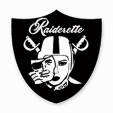 the raiders logo is a black and white shield with a skull and swords on it .