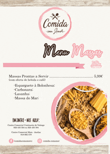 a menu for comida com amor has a picture of pasta