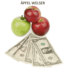 three apples are stacked on top of a pile of dollar bills with the word apfel welser above them