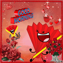 a good morning greeting card with a fan and roses