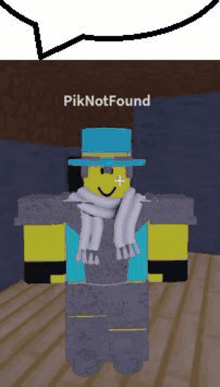 a yellow roblox character wearing a blue hat and scarf .