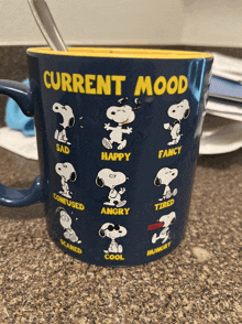 a blue mug with snoopy 's current mood on it