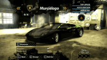 a video game screen shows a black car with the name murcielago