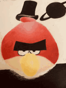 a drawing of an angry bird with a top hat and a planet in the background