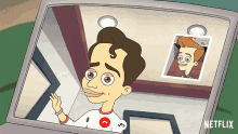 a cartoon of a man talking on a phone with a netflix logo behind him