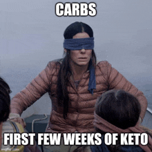 a woman with her eyes blindfolded and the words carbs first few weeks of keto written below her