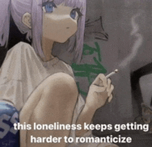 a girl with purple hair is smoking a cigarette with a caption that says this loneliness keeps getting harder to romanticize