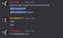 a screenshot of a discord conversation between freaky and rf24mbappe