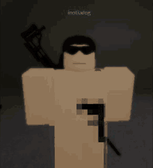 a naked roblox character with sunglasses and a gun in his hand .