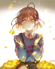 a drawing of a girl in a blue and pink striped sweater surrounded by yellow flowers