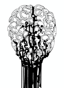 a black and white drawing of a brain with a few hearts on it