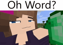 a girl in a minecraft video game is holding a green item .