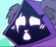 a close up of a cartoon character wearing a purple hoodie with a face on it .