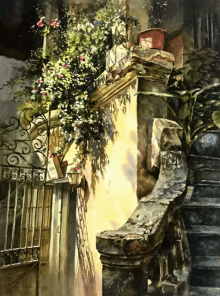 a painting of a staircase with a wrought iron gate that says ' a ' on it