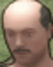 a bald man with a mustache is looking at the camera with his eyes closed .