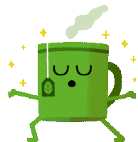 a green mug with arms and legs is holding a tea bag with a leaf on it