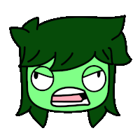 a cartoon drawing of a person with green hair making an angry face