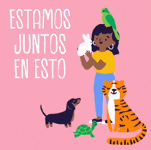 an illustration of a girl holding a rabbit and a tiger with the words estamos juntos en esto