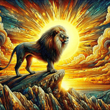 a colorful painting of a lion standing on a rock with the sun behind it