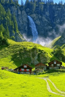 a waterfall is surrounded by a lush green hillside with a few houses in the foreground .