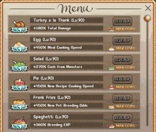 a screenshot of a menu with a turkey a la thank listed at the top