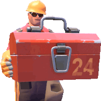 a man wearing a hard hat is holding a red toolbox with the number 24 on it