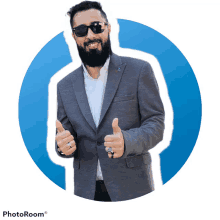 a man in a suit and sunglasses is giving a thumbs up in front of a photoroom logo