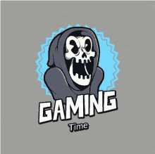 a logo for gaming time with a grim reaper in the background