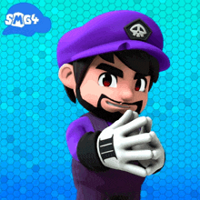 a cartoon character wearing a purple hat and gloves with a smg4 logo in the background