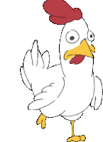 a cartoon chicken with a red crest is standing on one leg