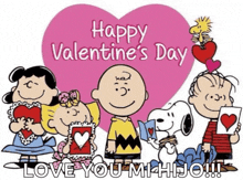 a happy valentine 's day greeting card with snoopy and friends