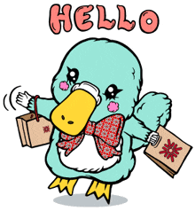 a cartoon of a duck with the word hello written above it