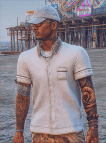 a man wearing a white shirt and a hat is standing on a pier