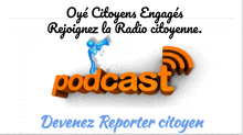 an advertisement for a podcast in french with a man holding a megaphone