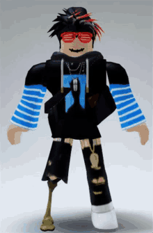 a roblox character with a prosthetic leg is wearing sunglasses and a blue and black striped shirt .