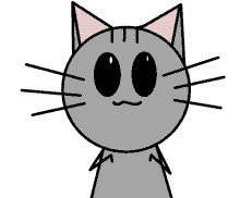 a cartoon drawing of a cat with big eyes and a pink ear