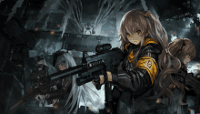 a group of anime girls are holding guns and one of them has the letter a on her jacket