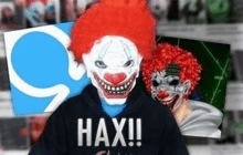 a man wearing a clown mask and a hax hoodie is standing in front of a google logo .