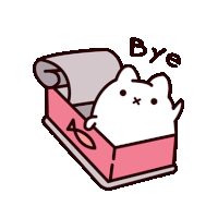 a cartoon cat is laying in a pink box with the word bye above it