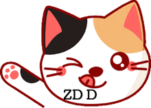 a drawing of a calico cat with zdd written on its face