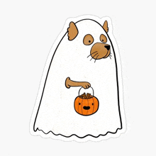 a ghost dog is holding a pumpkin in its paws .