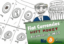 fiat currencies dirty money laundromat advertisement with a cartoon man