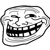 a black and white drawing of a troll face smiling .