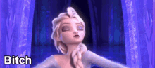 a cartoon character from the movie frozen is standing in front of a purple curtain and says `` bitch '' .