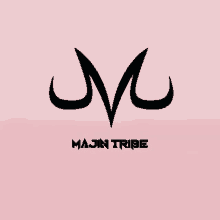 a logo for majin tribe with a black m on a pink background .