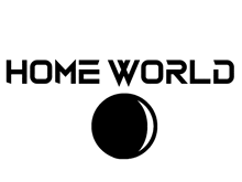 a black and white logo for home world with a crescent moon