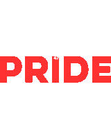 a red and white logo that says pride